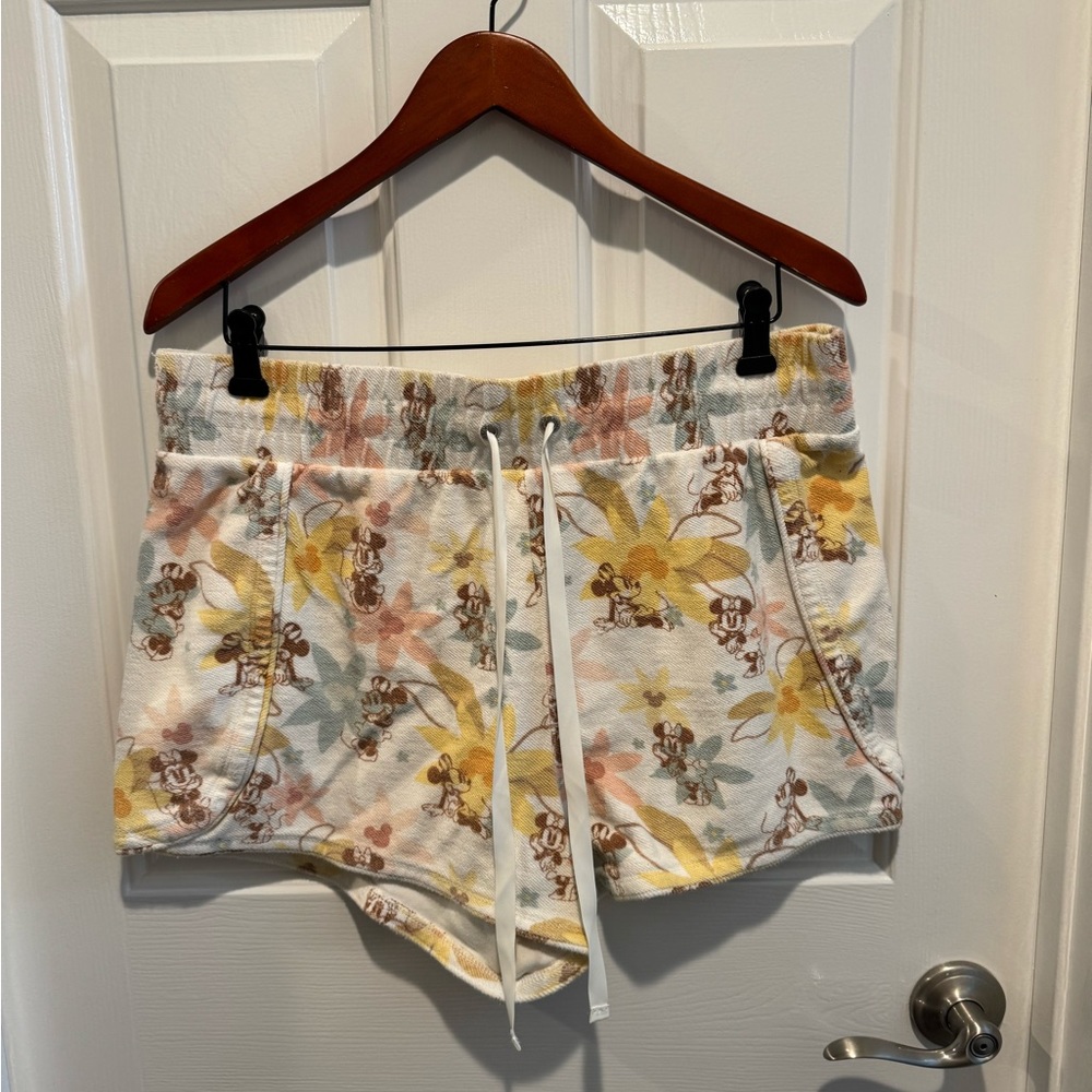 Disney Floral Mickey Mouse Athletic Shorts in White, Yellow, Brown, Blue
